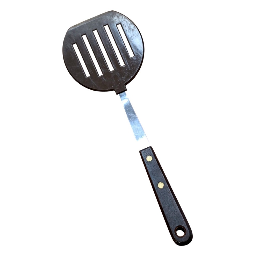 Robinson Stainless USA Vintage Spatula Brown Slotted Head‎ Wood Handle Riveted